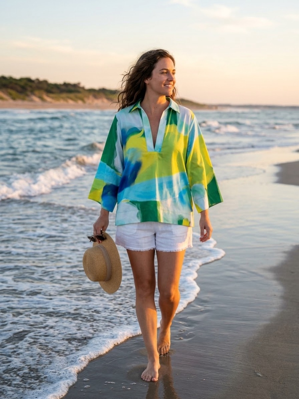 (R9)Nelblu Blouse
COROLA,Tunic Shirt with Abstract Print -Green/Blue/Yellow,XS